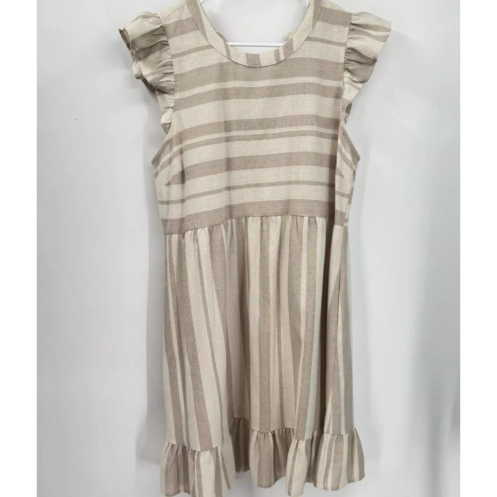 Hem & Thread Medium Striped Babydoll Dress Women Tan Ruffle Tie Back Linen Blend